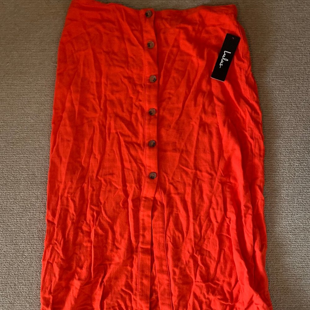 Lulus Rosalda Red Orange Button-Up Midi Skirt